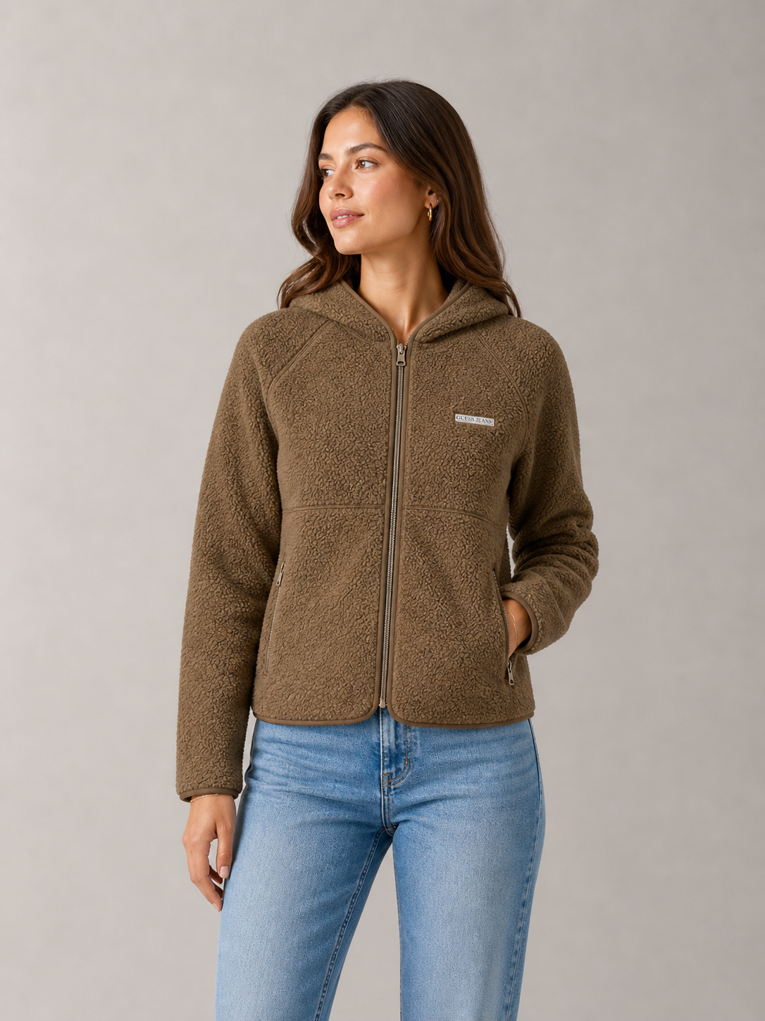 GUESS JEANS - SWEAT À CAPUCHE FEMME MARRON ZIPPÉ | COLLEKT PARIS