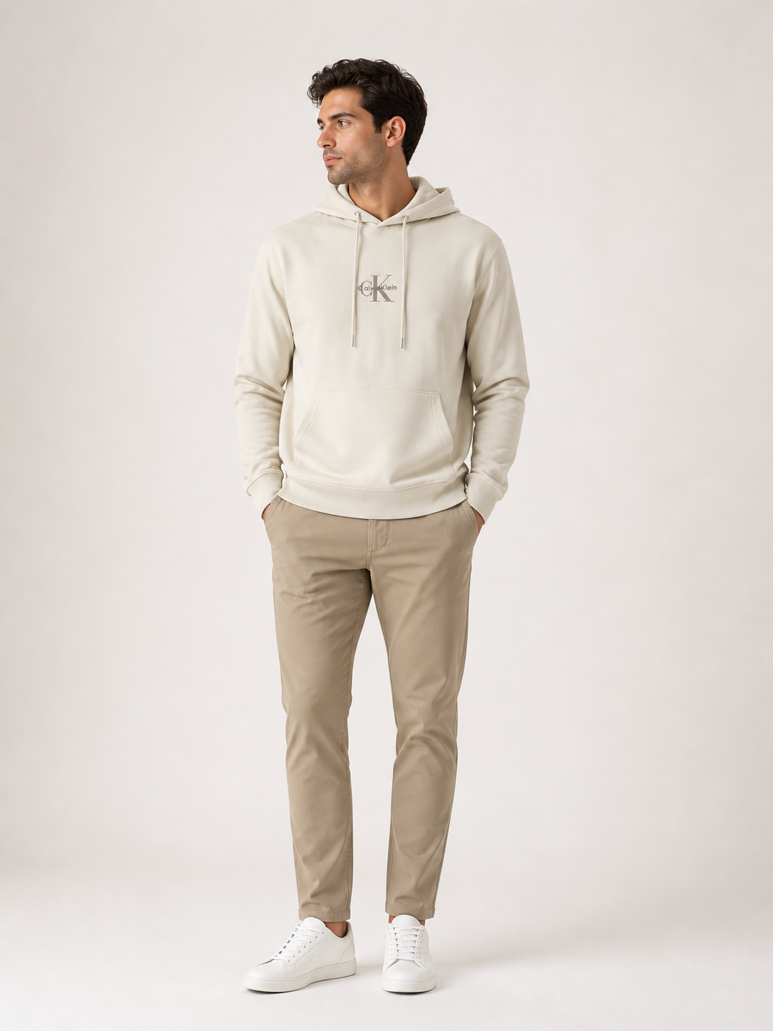 CALVIN KLEIN - HOODIE HOMME BEIGE LOGO IMPRIMÉ | COLLEKT PARIS