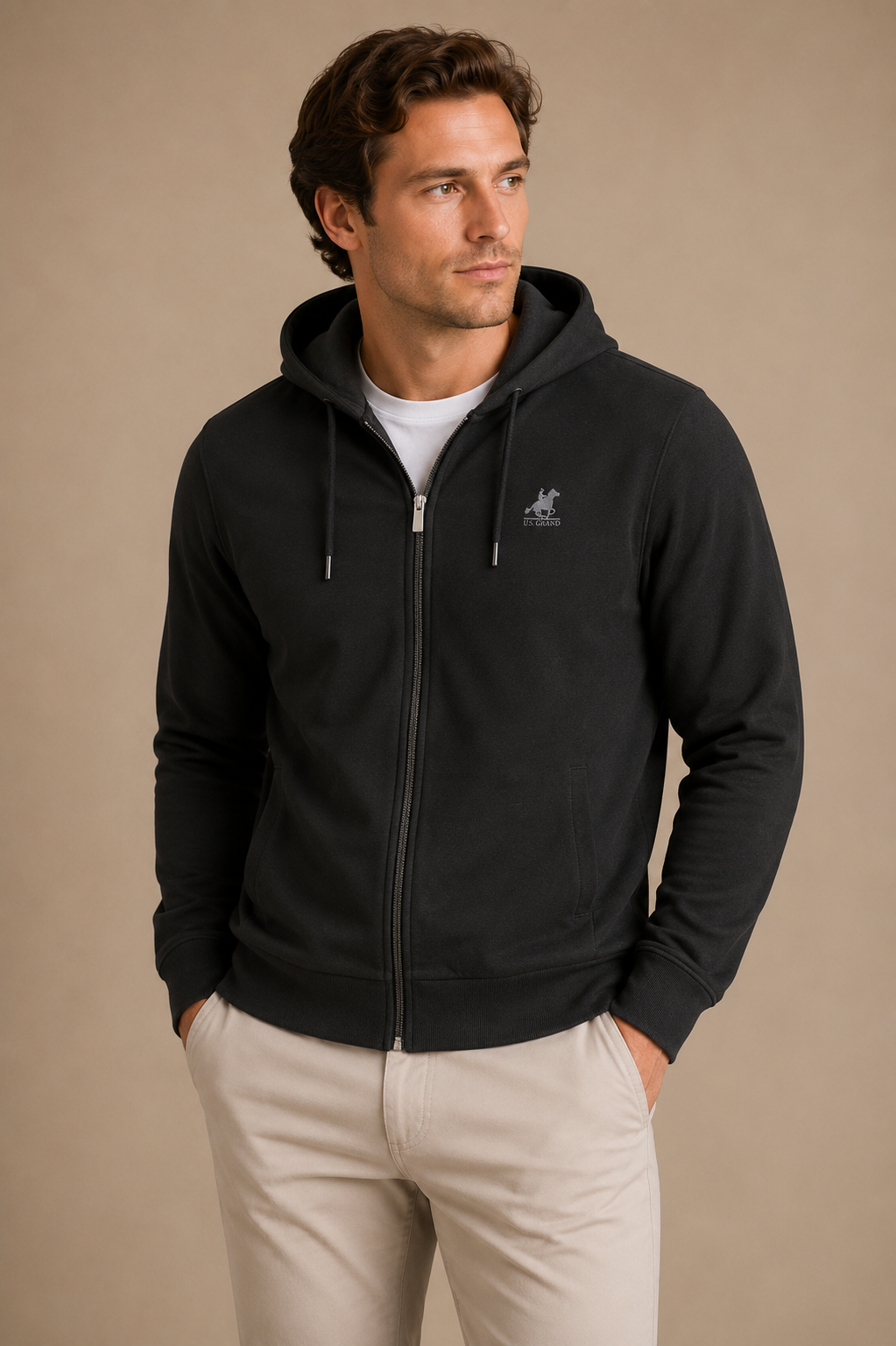 U.S. GRAND - HOODIE ZIPPÉ HOMME NOIR LOGO IMPRIMÉ | COLLEKT PARIS